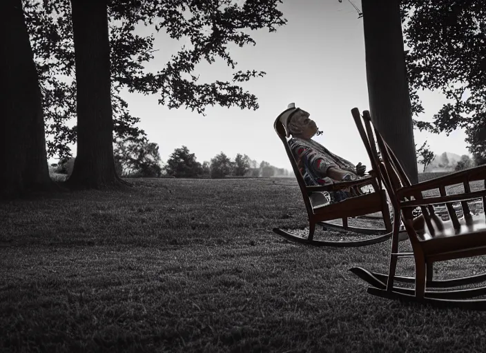 Prompt: a clown resting in a rocking chair, having a cigar, golden hour, canon eos r 3, f / 1. 4, iso 2 0 0, 1 / 1 6 0 s, 8 k, raw, unedited, symmetrical balance, in - frame