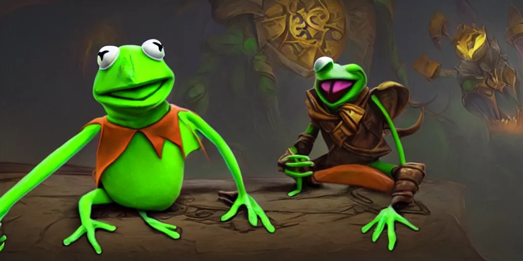 Prompt: kermit the frog in dota 2