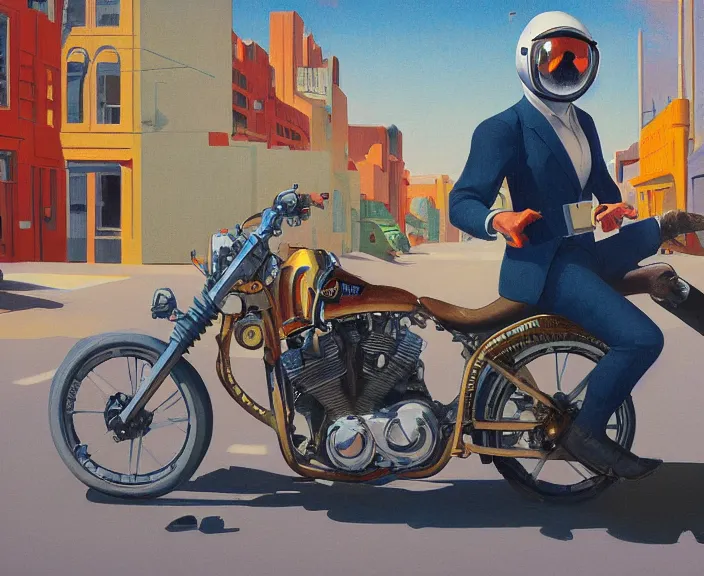 Image similar to a very detailed painting of a astronaut wearing a suit, riding a motorbike down a street, harley davidson motorbike, worm's - eye view, very fine brush strokes, very aesthetic, very futuristic, in the style of edward hopper and grant wood and syd mead, 4 k,