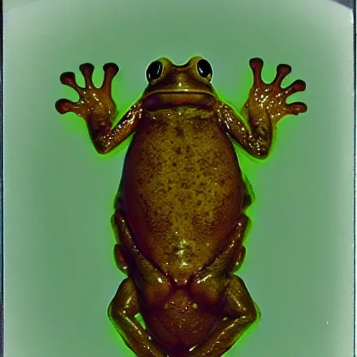 Image similar to semi translucent frog in Jesus Christ pose hovering over misty water, polaroid photography by Andrei Tarkovsky, paranormal, spiritual, mystical