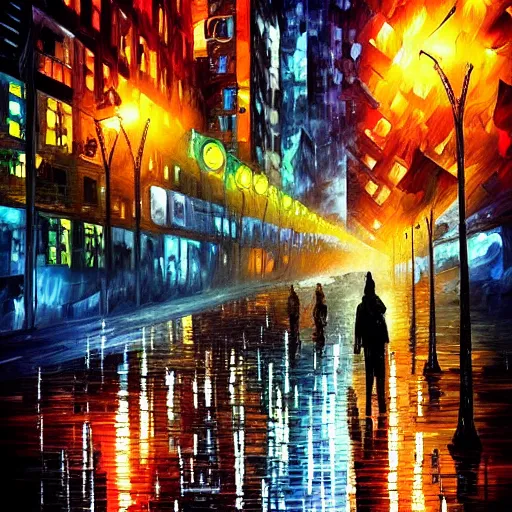 Image similar to “cyberpunk city in the rain, dystopian, style of leonid afremov”