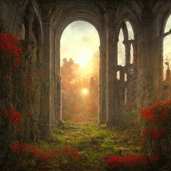 Image similar to a interior photo of a ruined church with a lot of red flowers growing inside at sunset, godrays, complementary colors, concept art, DeviantArt, Ferdinand Knab, beautiful, 8K,highly detailed, high quality