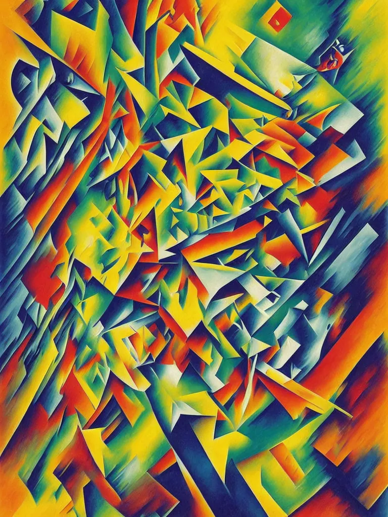 Image similar to a surreal neon painting of a locomotive in motion made of cubism futuristic boccioni, rooms in 3 point perspective by vladimir kush and dali and kandinsky, 3 d, realistic shading, complimentary colors, vivid neon colors, aesthetically pleasing composition, masterpiece, 4 k, 8 k, ultra realistic, super realistic