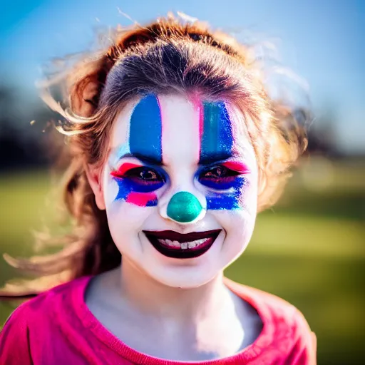 Prompt: a portrait of a abstract girl who has face - painting like a clown smiling creepily. depth of field. lens flare