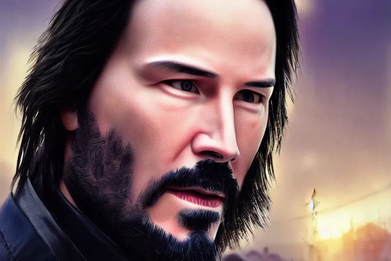 Image similar to cybernetic Keanu Reeves, outside kremlin, close up, mechanical body, artstation, fantasy, intricate, beautiful, cinematic, octane render, arnold render, 8k, hyperrealism, detailed, sharp focus, 4k uhd, masterpiece, award winning, painting by Ivan Aivazovsky and Greg Rutkowski