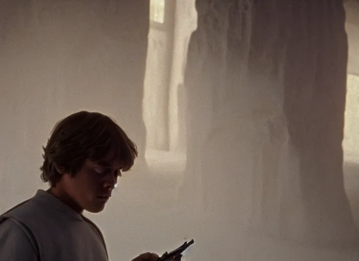 Image similar to detailed photo of Luke skywalker uncovering the glowing book of ancient jedi texts. a hazy ethereal ancient temple, screenshot from the 1983 film, Photographed with Leica Summilux-M 24 mm lens, ISO 100, f/8, Portra 400, kodak film, anamorphic lenses