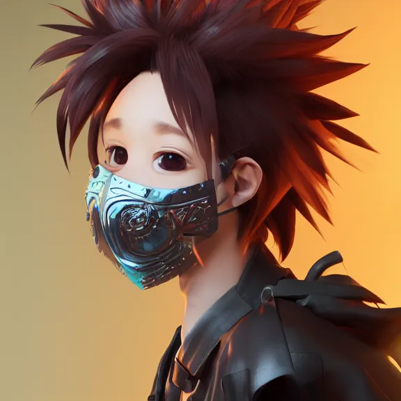 Image similar to 3D render of a cute anime boy wearing a detailed mask, fantasy artwork, fluffy hair, mid-shot, award winning, hyper detailed, very very very beautiful, studio lighting, artstation, unreal engine, unreal 5, 4k, octane renderer