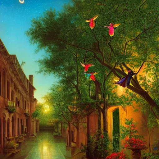 Prompt: many jewel colored hummingbirds with milky eyes hovering around plants in front of a sprawling manor in a renaissance architecture city street at night with rainforest greenery, hudson river school style, illustration, bright colors