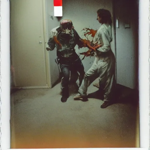 Image similar to a crime scene polaroid color photo of a zombie attack