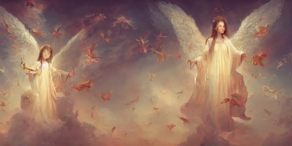 Prompt: breathtaking detailed concept art painting of angels in heaven, holy, ornate background, by hsiao - ron cheng, extremely moody lighting, 8 k