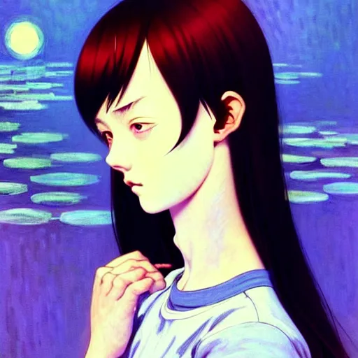 Image similar to a beautiful youth teenage depressed ocd psychotic loner girl in school struggling with morbid thoughts, angry eyes, soft skin, magnificent art by ilya kuvshinov, monet, range murata, artgerm, katsuhiro otomo, norman rockwell, highly detailed intricately sharp focus, bedroom eyes trending on pinterest vogue italia 3 5 mm, 4 k uhd image