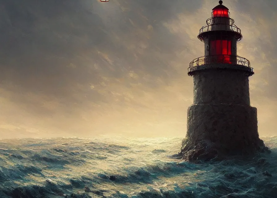 Prompt: A beautiful painting of a singular lighthouse, shining its light across a tumultuous sea of blood by greg rutkowski and thomas kinkade, Trending on artstation.