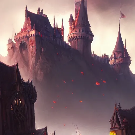 Prompt: a fantasy castle, ground level, dramatic lighting, city background, chiaroscuro, high detail, painted by greg rutkowski, painted by igor kieryluk, painted by bobby chiu, trending on artstation