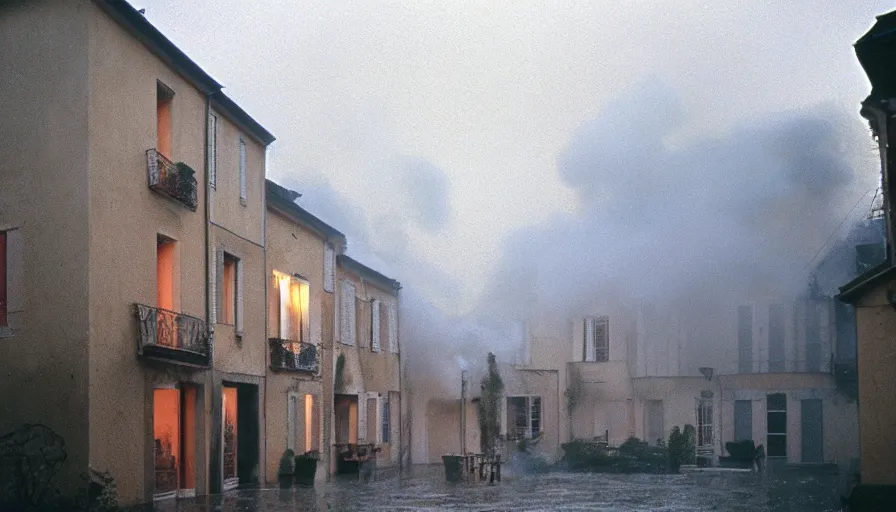 Prompt: 1 9 7 0 s movie still of a heavy burning french style townhouse in a small french village by night, rain, heavy smoke, cinestill 8 0 0 t 3 5 mm, heavy grain, high quality, high detail, dramatic light, anamorphic, flares