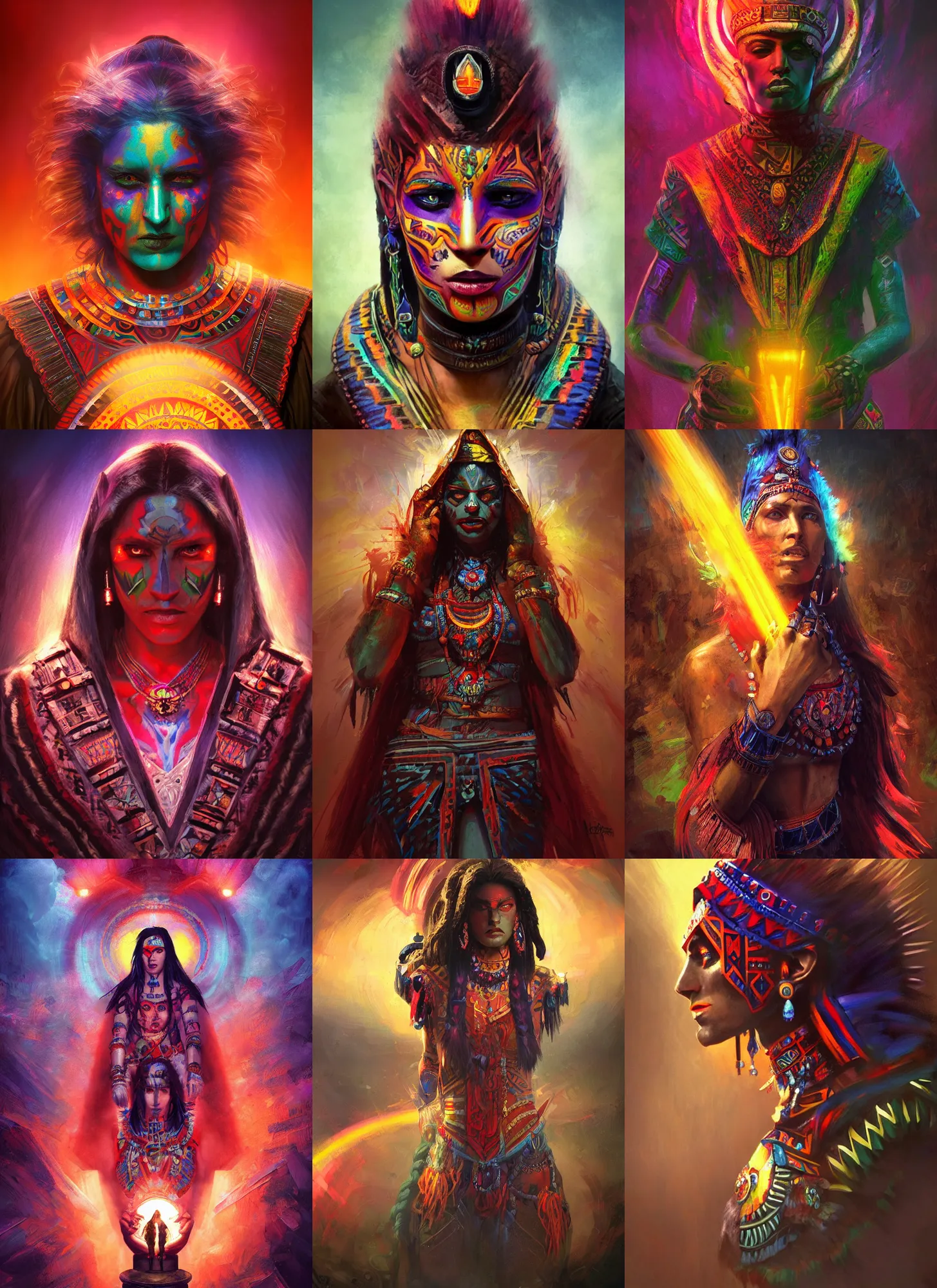 Prompt: aztec nicola tesla, vivid colors, war of colors, dark shadows, contrast, concept art, sharp focus, digital art, Hyper-realistic, 4K, Unreal Engine, Highly Detailed, Dramatic Lighting, Beautiful, by Brom, bastien lecouffe-deharme