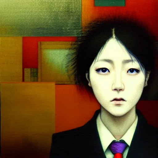 Image similar to yoshitaka amano blurred and dreamy realistic three quarter angle portrait of a young woman with short hair and black eyes wearing office suit with tie, junji ito abstract patterns in the background, satoshi kon anime, noisy film grain effect, highly detailed, renaissance oil painting, weird portrait angle, blurred lost edges