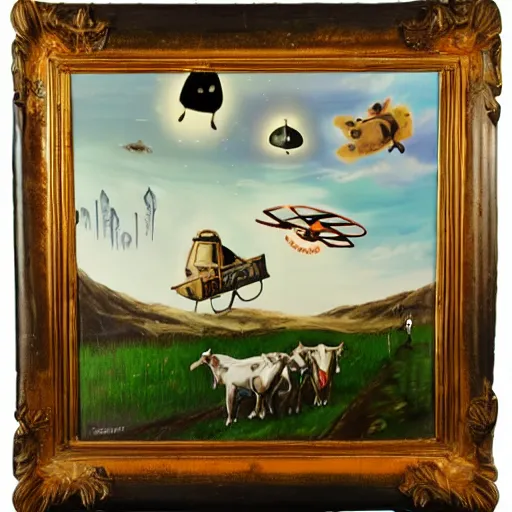 Image similar to a ufo stealing cows, painting