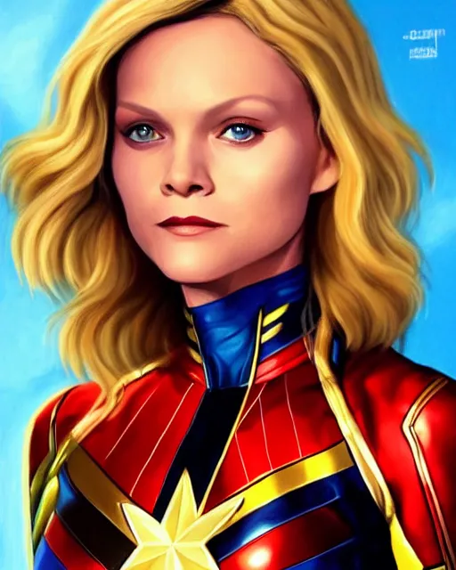 Image similar to hyper realistic painting of young michelle pfeiffer in captain marvel suit, hyper detailed, by clay mann, trending on artstation