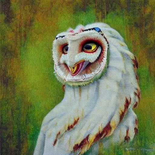 Prompt: an impressionist painting of a Chinese dragon with the face of a barn owl, covered in moss