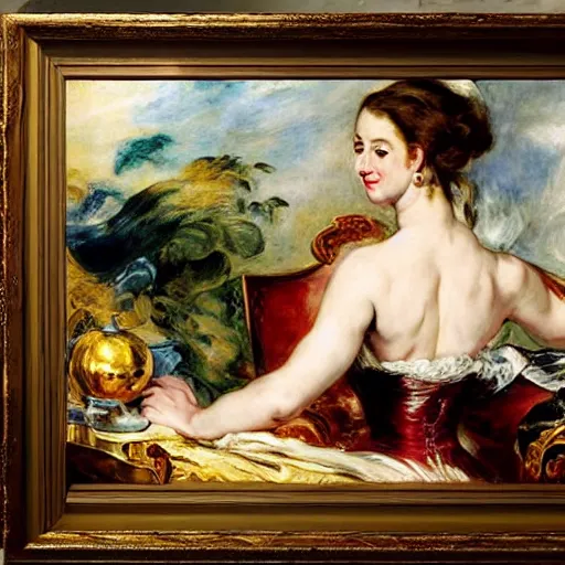 Image similar to heavenly summer sharp land sphere scallop well dressed lady in front of a flat screen television, auslese, by peter paul rubens and eugene delacroix and karol bak, hyperrealism, digital illustration, fauvist, in front of a flat screen television