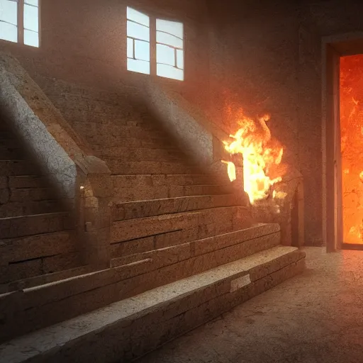 Prompt: a staircase leading up to a door with fire coming out of it, a digital rendering by kamal ud - din behzad, cg society, happening, hellish background, hellish, unreal engine