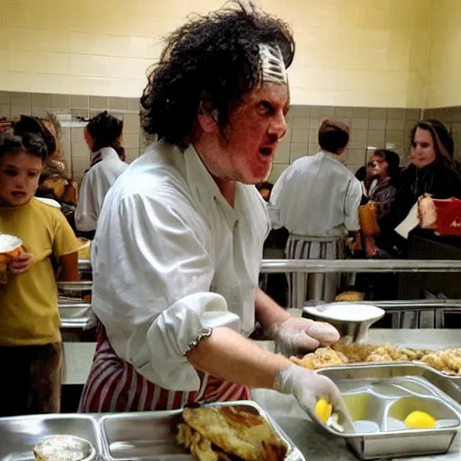 Image similar to Leatherface as a cafeteria attendant dishing out lunch to school kids in thr cafeteria at lunch time