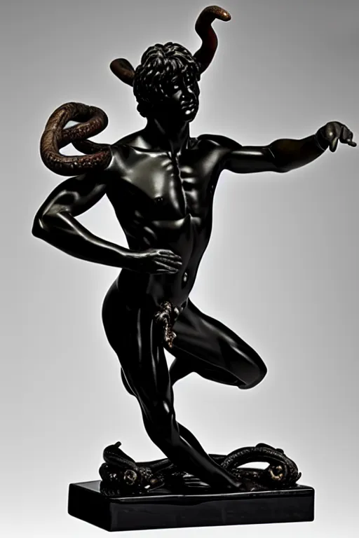 Image similar to intricate and detailed dancing Satyr statue made on polished obsidian by Antonio Corradini