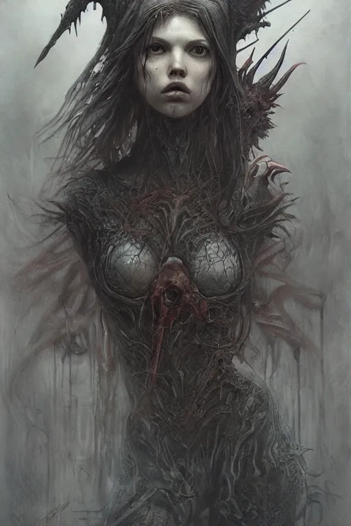 Prompt: portrait of hannah murray by hr giger, greg rutkowski, luis royo and wayne barlowe as a diablo, resident evil, dark souls, bloodborne monster