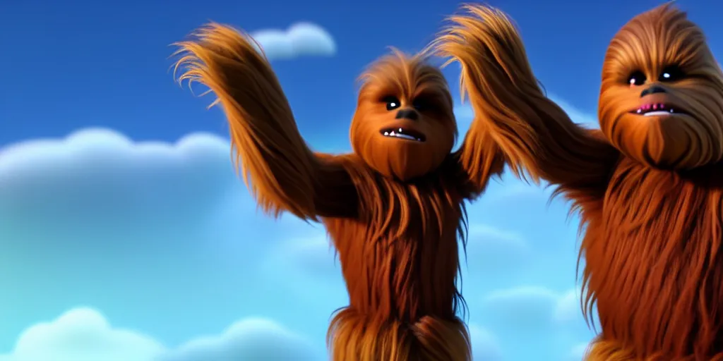 Image similar to a wholesome animation key shot of a chewbacca pixar and disney animation sharp render 3 d animated, cinematic lighting