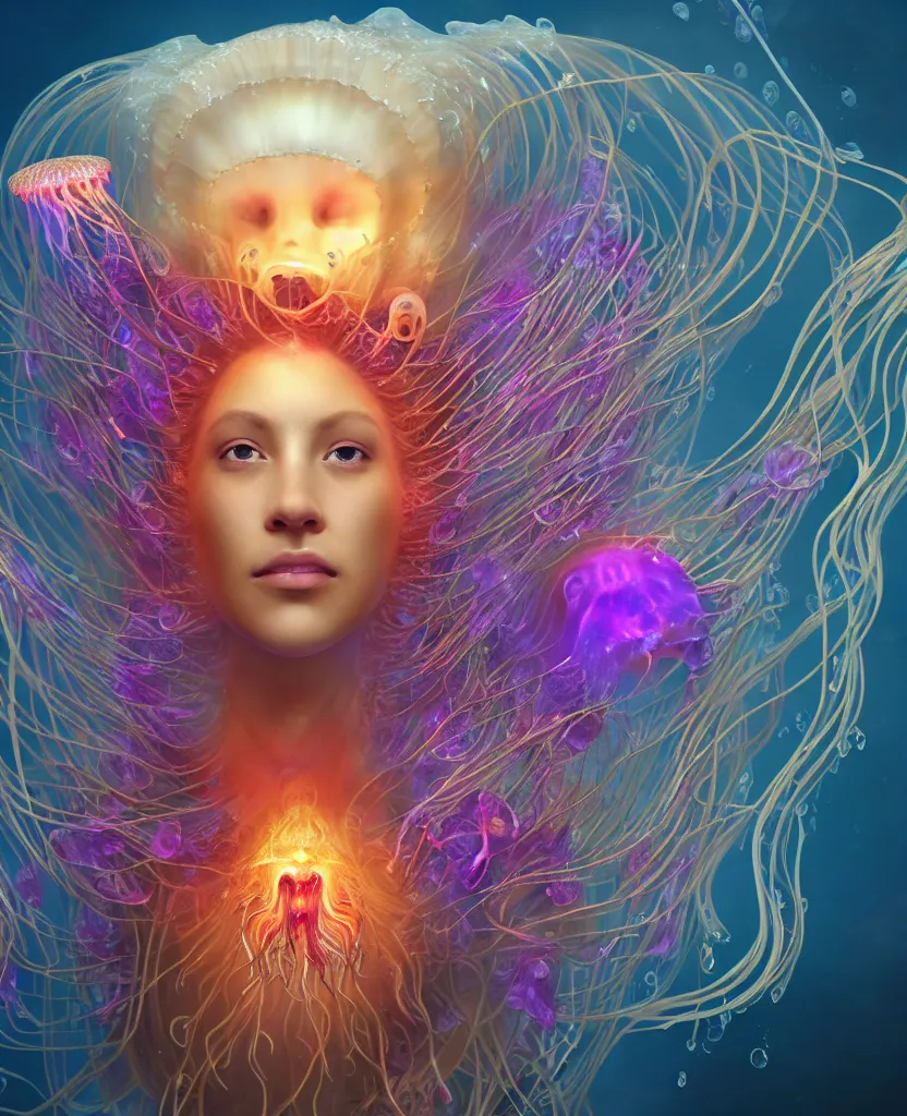 Image similar to close-up portrait of the face of a beautiful princess in a twisted flowers jellyfish mask surrounded by energy flow, epic angle and pose, symmetrical artwork, 3d with depth of field, blurred background, floating jellyfish skull phoenix bird, translucent, nautilus, energy flows of water and fire. a highly detailed epic cinematic concept art CG render. made in Maya, Blender and Photoshop, octane render, excellent composition, cinematic dystopian brutalist atmosphere, dynamic dramatic cinematic lighting, aesthetic, very inspirational, arthouse. y Greg Rutkowski, Ilya Kuvshinov, WLOP, Stanley Artgerm Lau, Ruan Jia and Fenghua Zhong