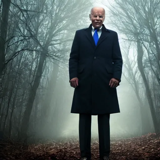 Image similar to joe biden standing ominously far in the foggy woods with a demonic wide smile in his face in the new horror movie, creepy