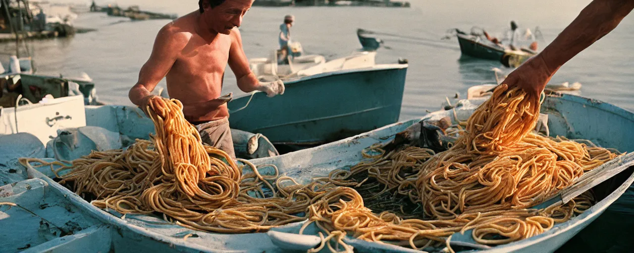 Image similar to fisherman pulling up a fresh catch of spaghetti from the ocean, canon 5 0 mm, cinematic lighting, photography, wes anderson, film, kodachrome