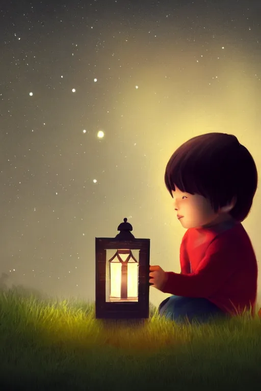 Image similar to a little boy carrying lantern at night, cute cat sits beside, photorealistic face and skin tones, dreamy moonlit nightscape by the garden, lake house, smooth, matte colors, trending on artstation, 4 k, 8 k