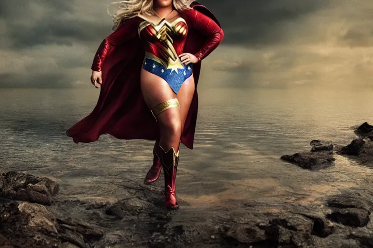 Prompt: a cinematic painting of gemma collins as wonderwoman near a lake on a rainy day, beautiful lighting, high depth, ultra realistic, artistic, by annie leibovitz