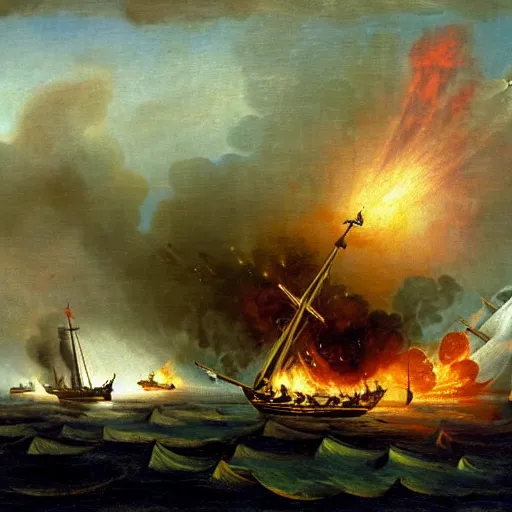Prompt: oilpainting of a naval battle in 1742, with a ship on fire, and a ufo with aliens