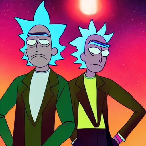 Image similar to portrait art of rick sanchez and morty, lens flare, atmosphere, glow, detailed, intricate, full of colour, cinematic lighting, 4 k, hyperrealistic, focused, extreme details, cinematic, masterpiece