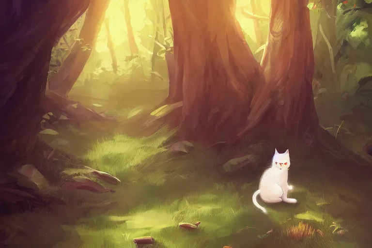 Image similar to cat in the forest, warm lighting, digital art, trending on artstation, fanart, by kawacy