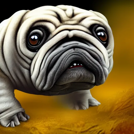 Image similar to A tardigrade with the eyes and mouth of a pug, national geographic-file-photograph, paywall-content, premium-award-winning, trending on artstation