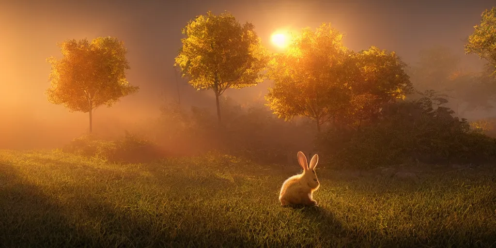 Prompt: A yellow baby rabbit, temple, sunset with falling leaves, Tyndall rays, low angle, light through the mist, dramatic lighting, photorealistic, cinematic lighting, high detail, cinematic feel, high octane, 4K, Unreal Engine, digital render, intricate, ultra realistic, concept art