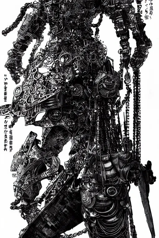 Image similar to a vertical portrait of a character in a city by yoshitaka amano and nihei tsutomu, black and white, dreamy, steampunk armor, highly detailed