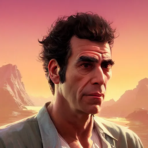 Image similar to highly detailed portrait, cosmo kramer, in gta v, stephen bliss, unreal engine, fantasy art by greg rutkowski, loish, rhads, ferdinand knab, makoto shinkai and lois van baarle, ilya kuvshinov, rossdraws, tom bagshaw, global illumination, radiant light, detailed and intricate environment