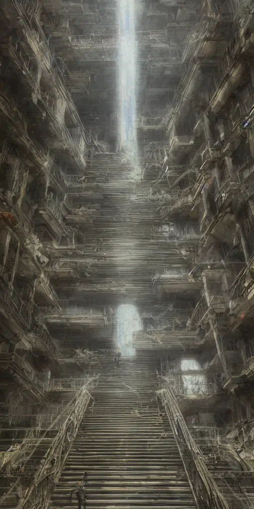 Image similar to i climb up on the endless stairs inside this decayed hitech brutalist building, rays of lights breaking through the holes in the walls, ruined litter, endless stairs going up, monumental, global illumination, by rhads and ferdinand knab and makoto shinkai and alphonse mucha