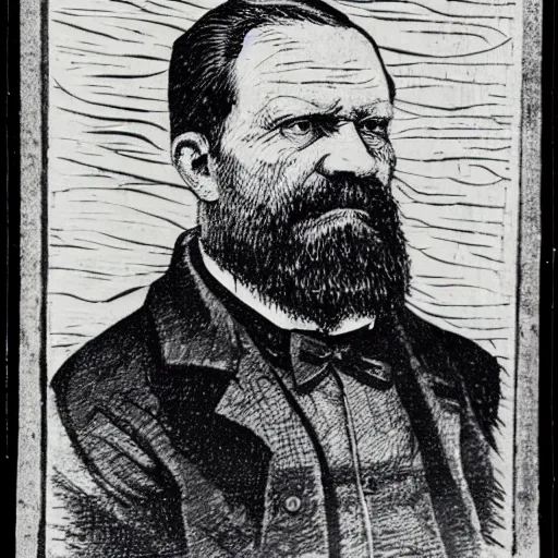 Prompt: Woodcut portrait of old bearded Louis Pasteur wearing a blue baseball cap