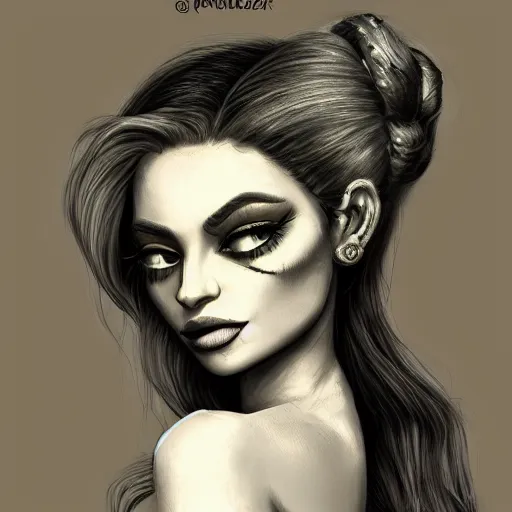 Image similar to michael karcz grunge drawing of kylie jenner. , in the style of corpse bride, loony toons style, horror themed, detailed, elegant, intricate, trending on artstation, 4k