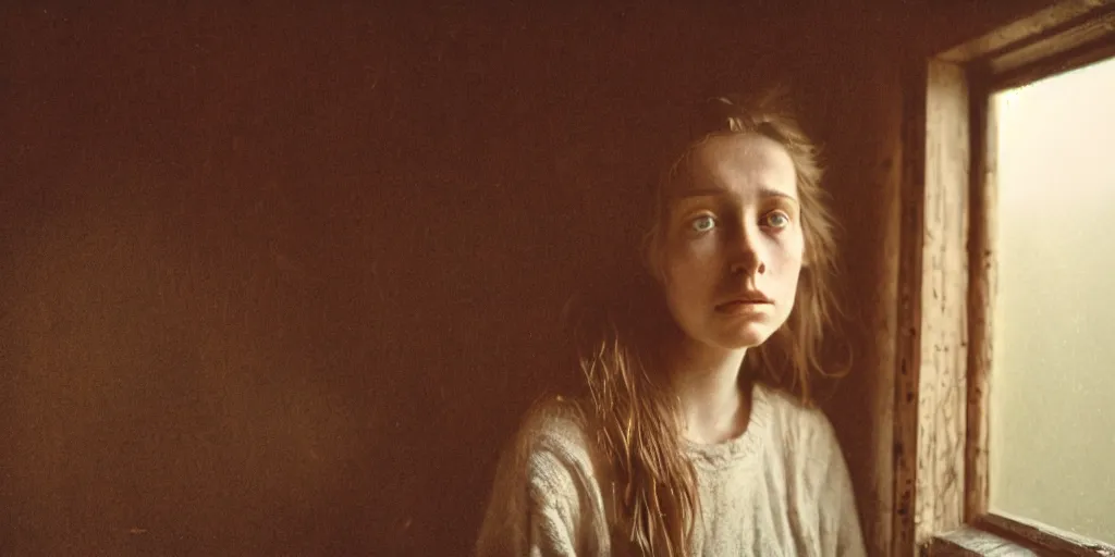 Image similar to portrait bust of young woman, tired expression, faded color film, russian cinema, tarkovsky, kodachrome, inside old cabin, next to window, heavy forest outside, long brown hair, old clothing, heavy fog, brown color palette, sunset, low light, hudson river school, 4 k, dramatic lighting, greg rutkowski