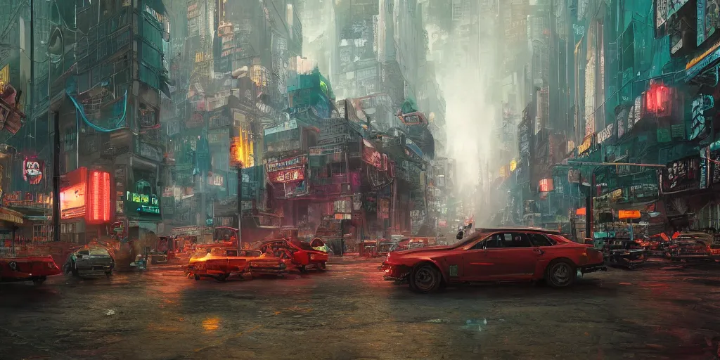 Prompt: a guatemalan solitary cyberpunk city, abandoned with neon ads and signs with evocative dramatic mood with blade runner vibe with cars and floating vehicles with motion blur with depth of field with bloom with lightshaft with volumetric lights and ads, fog, by jeremy mann oscar winning graphics, photo realistic, bloom, imax, dynamic lighting, artstation,