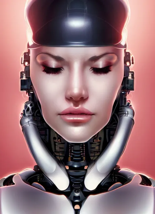 Image similar to portrait of a cyborg woman who turns her head to the ((((((right))))) left+2 (((((up))))) (((((down))))) by Artgerm,eyes closed , biomechanical, hyper detailled, trending on artstation