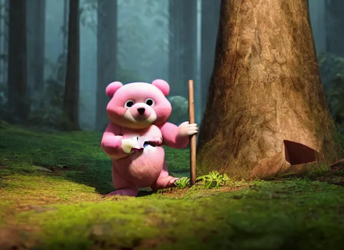 Prompt: pink chocolate teddy bear holding a large white hammer, walking in a forest in the croods movie style, anime, disney, pixar, 8 k, hd, dof, kodak film, volumetric lighting, subsurface scattering, photorealistic, octane render, details