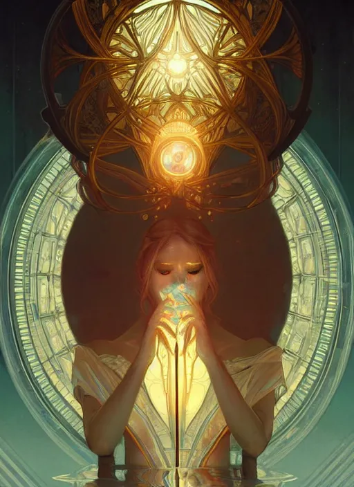 Image similar to symmetry!! water, glowing lights!! intricate elegant, highly detailed, digital painting, artstation, concept art, smooth, sharp focus, illustration, art by artgerm and greg rutkowski and alphonse mucha