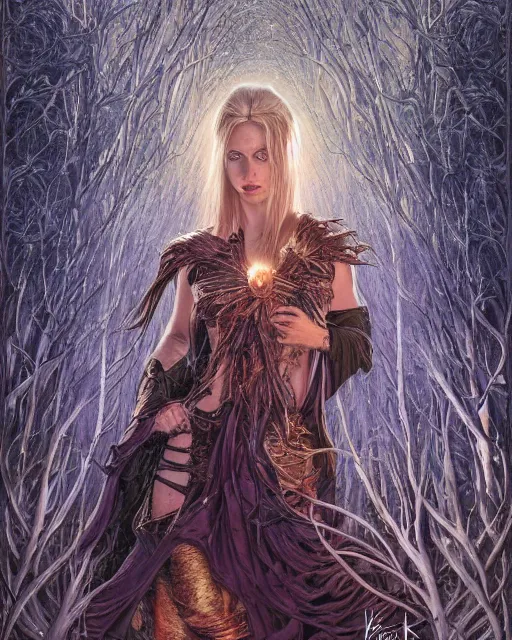 Prompt: a highly detailed airbrush painting of an evil female fantasy sorceress with piercing beautiful eyes standing on a forest meadow, dead trees, night, art by karol bak and donato giancola and mark brooks, centered, full size, hires, 4 k, high resolution, sharp focus